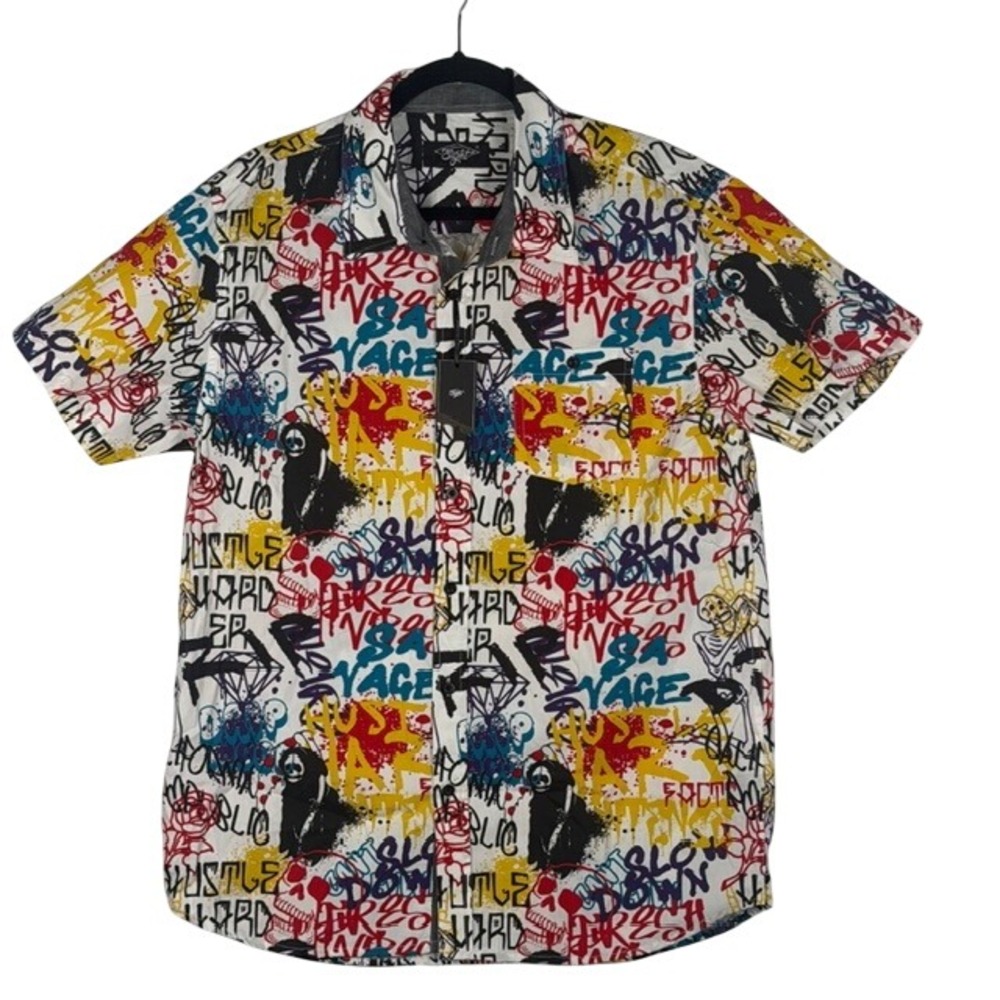 Eighty Eight Mens Short Sleeve Graffiti Skull Print Button Down Shirt Multicolor